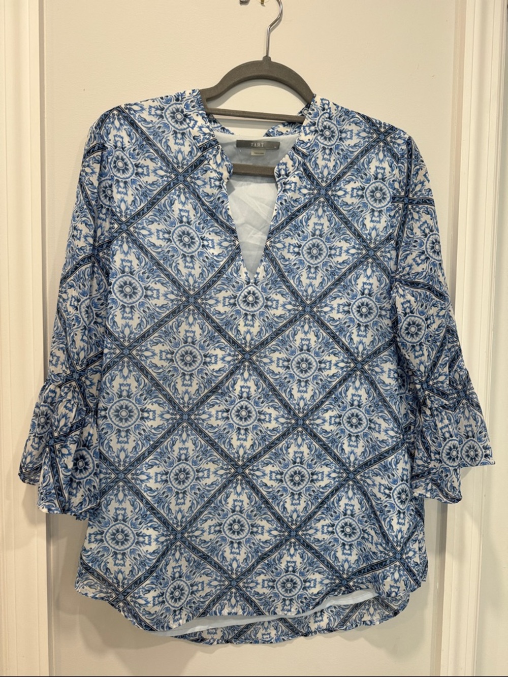 Tart Blue and White Tile-Print V-Neck Tunic